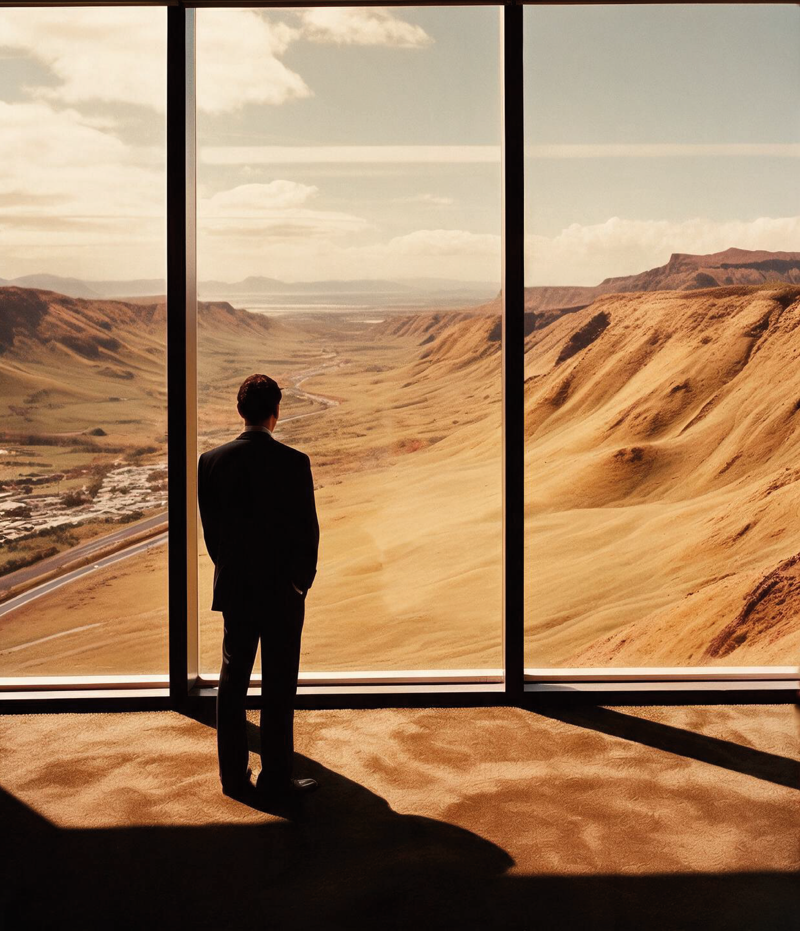 Hombre observando el desierto desde una ventana